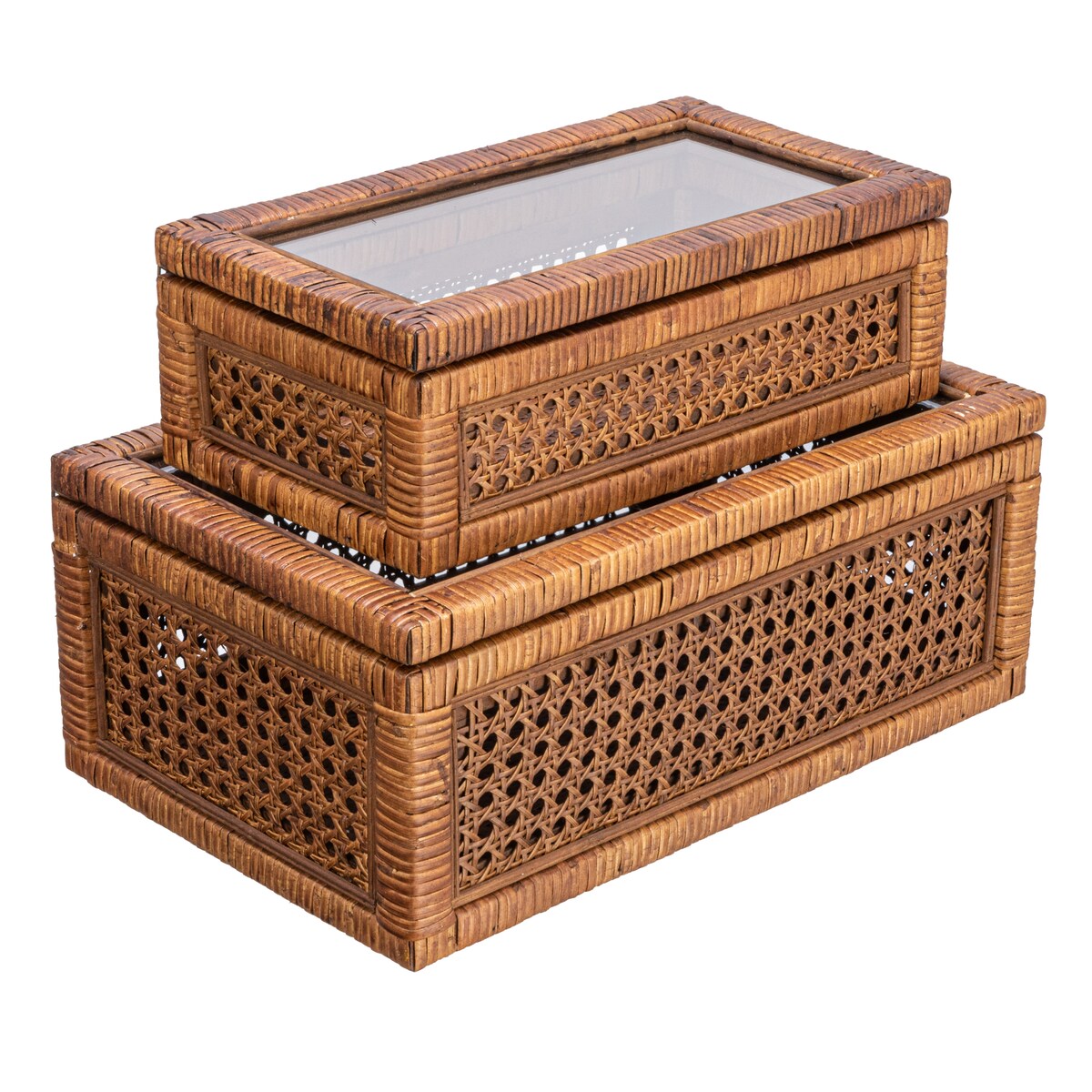 Decorative Woven Rattan and Wood Display Boxes