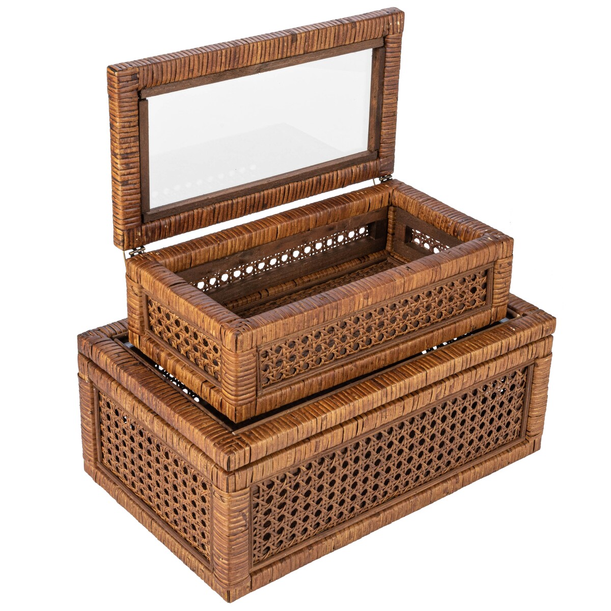 Decorative Woven Rattan and Wood Display Boxes