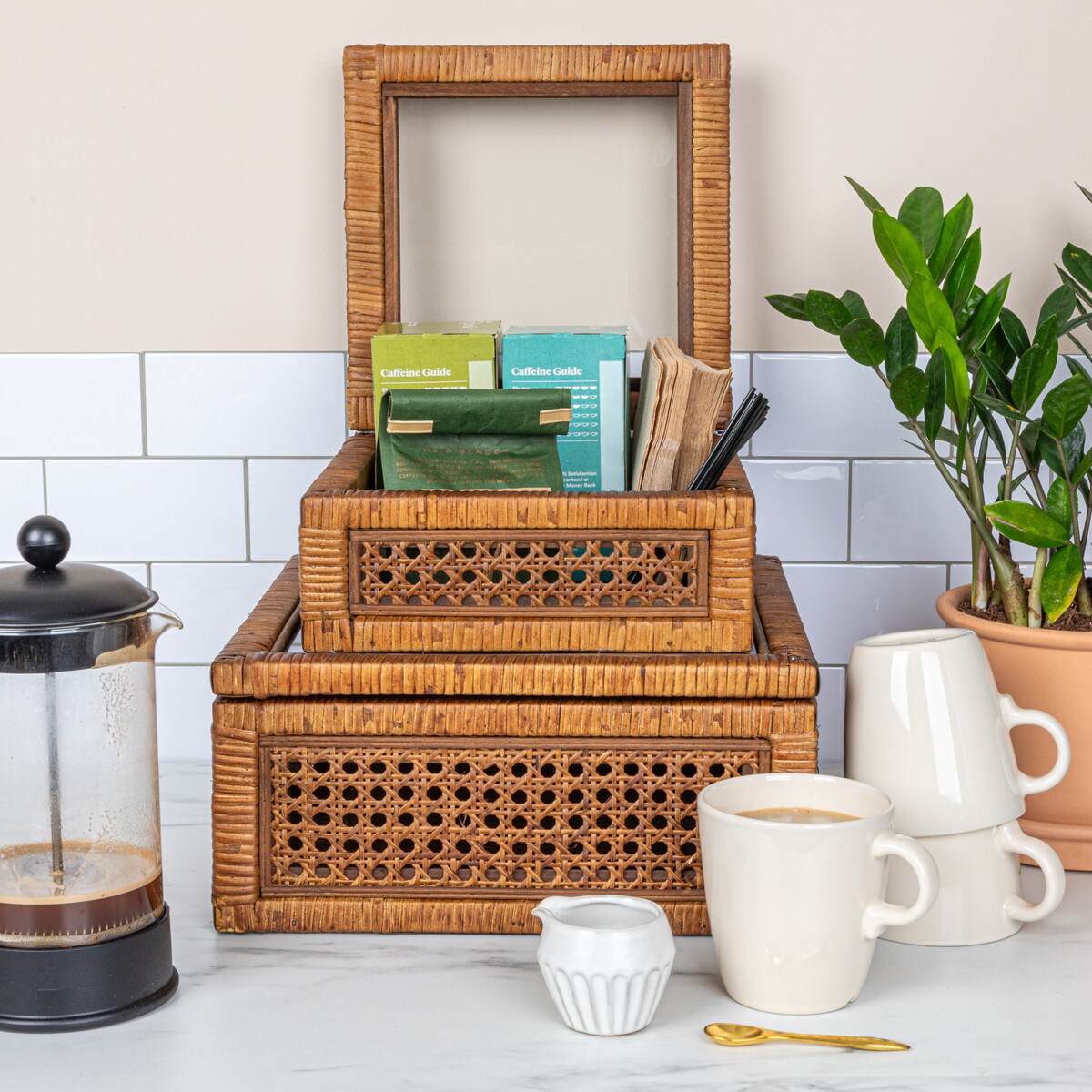 Decorative Woven Rattan and Wood Display Boxes
