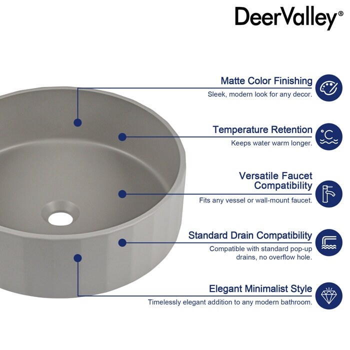 DeerValley 17" Bathroom Vessel Sink, Concrete Light Gray Vessel Sink, Round Above Counter Bathroom Sink