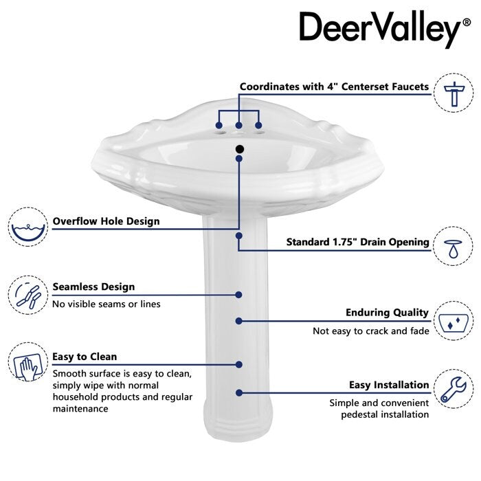 DeerValley 20" White Ceramic Corner Pedestal Sink with 3 Centerset Faucet Holes and Overflow
