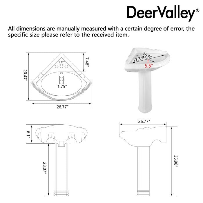 DeerValley 20" White Ceramic Corner Pedestal Sink with 3 Centerset Faucet Holes and Overflow