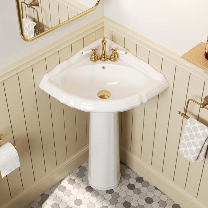 DeerValley 20" White Ceramic Corner Pedestal Sink with 3 Centerset Faucet Holes and Overflow