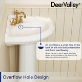 DeerValley 20" White Ceramic Corner Pedestal Sink with 3 Centerset Faucet Holes and Overflow