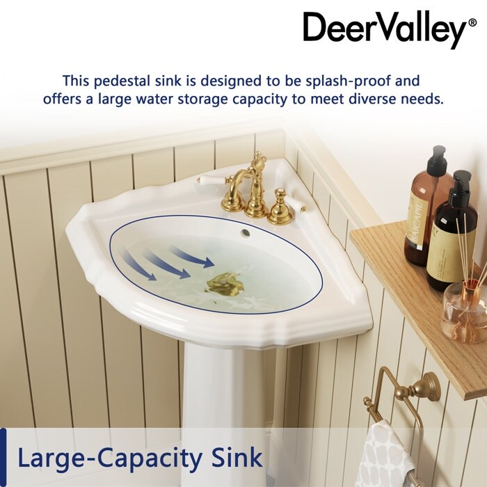 DeerValley 20" White Ceramic Corner Pedestal Sink with 3 Centerset Faucet Holes and Overflow