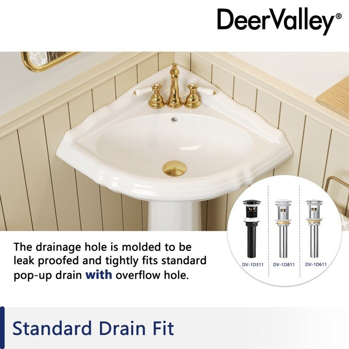 DeerValley 20" White Ceramic Corner Pedestal Sink with 3 Centerset Faucet Holes and Overflow