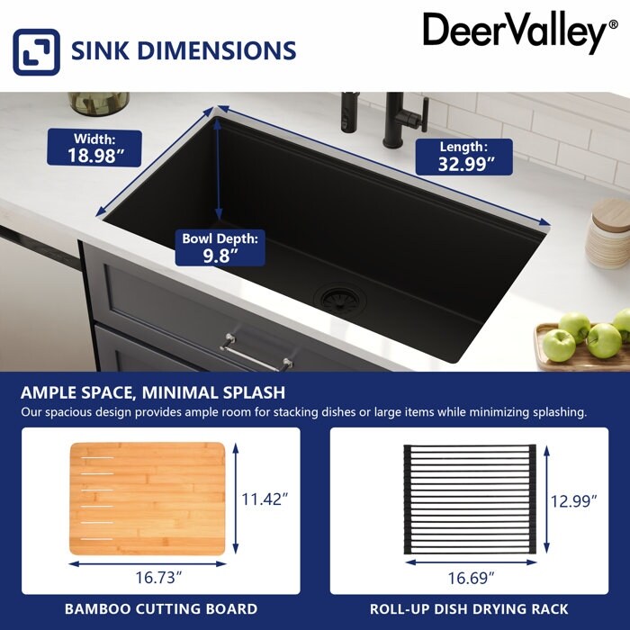 DeerValley Rectangular Undermount Quartz Classic Single Bowl Kitchen Sink with Accessories