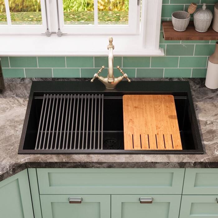 DeerValley Matte Black Undermount Drop-In Quartz Single Bowl Kitchen Sink with Accessories