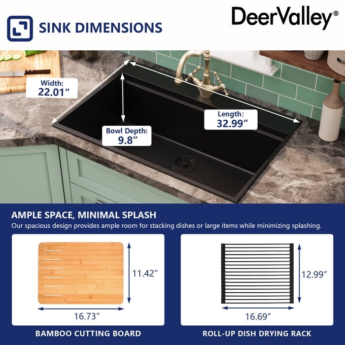 DeerValley Matte Black Undermount Drop-In Quartz Single Bowl Kitchen Sink with Accessories