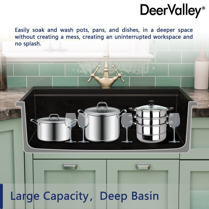 DeerValley Matte Black Undermount Drop-In Quartz Single Bowl Kitchen Sink with Accessories