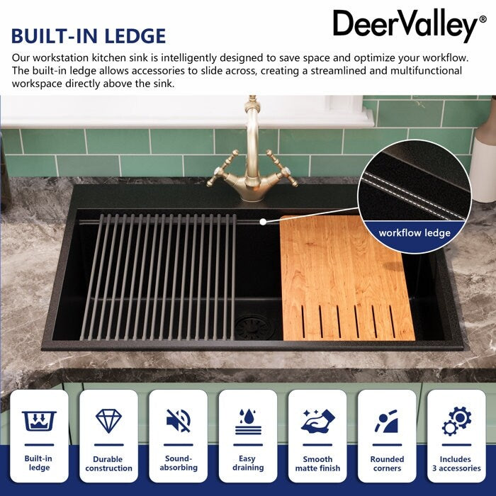 DeerValley Matte Black Undermount Drop-In Quartz Single Bowl Kitchen Sink with Accessories
