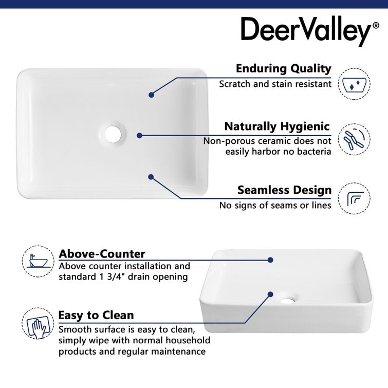 DeerValley Ally 20" x 13" Ceramic Rectangular Vessel Bathroom Sink
