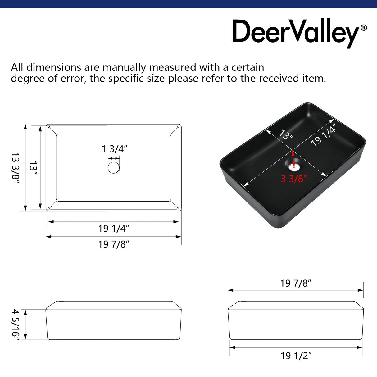 DeerValley Ally 20" x 13" Ceramic Rectangular Vessel Bathroom Sink