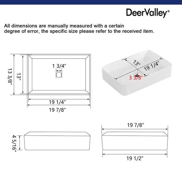 DeerValley Ally 20" x 13" Ceramic Rectangular Vessel Bathroom Sink