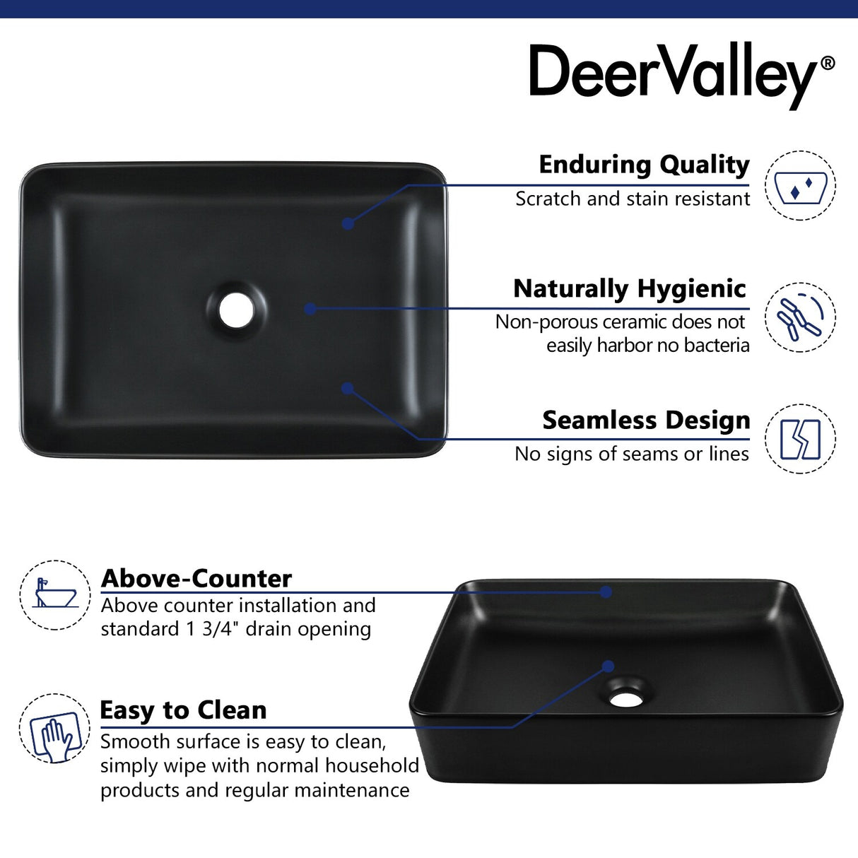 DeerValley Ally 20" x 13" Ceramic Rectangular Vessel Bathroom Sink