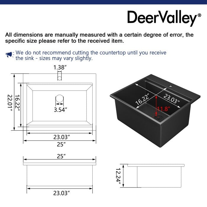 DeerValley Matte Black Undermount Drop-In Quartz Single Bowl Kitchen Sink with Accessories