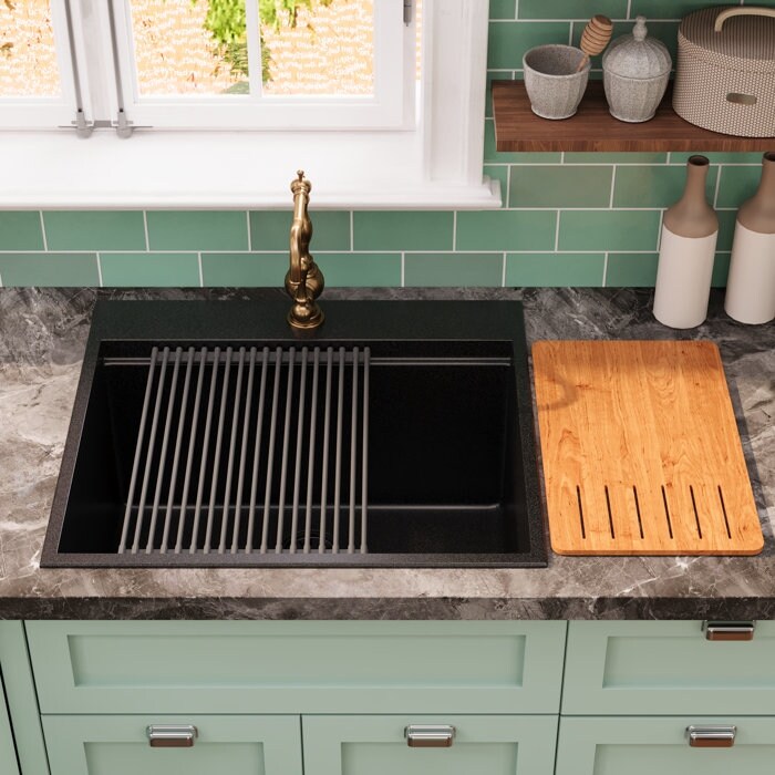 DeerValley Matte Black Undermount Drop-In Quartz Single Bowl Kitchen Sink with Accessories