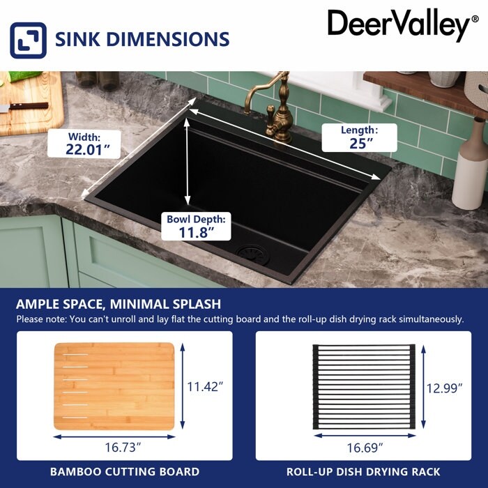DeerValley Matte Black Undermount Drop-In Quartz Single Bowl Kitchen Sink with Accessories