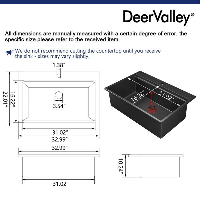DeerValley Matte Black Undermount Drop-In Quartz Single Bowl Kitchen Sink with Accessories