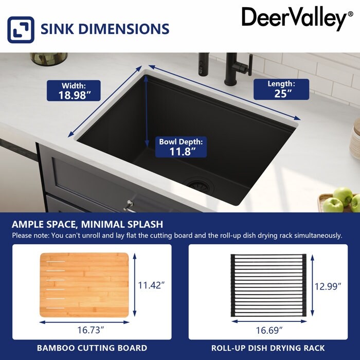 DeerValley Rectangular Undermount Quartz Classic Single Bowl Kitchen Sink with Accessories