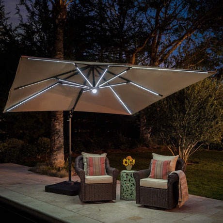 Delray Outdoor 9.7 ft. Canopy Umbrella with Base and Solar Light Strip by Christopher Knight Home