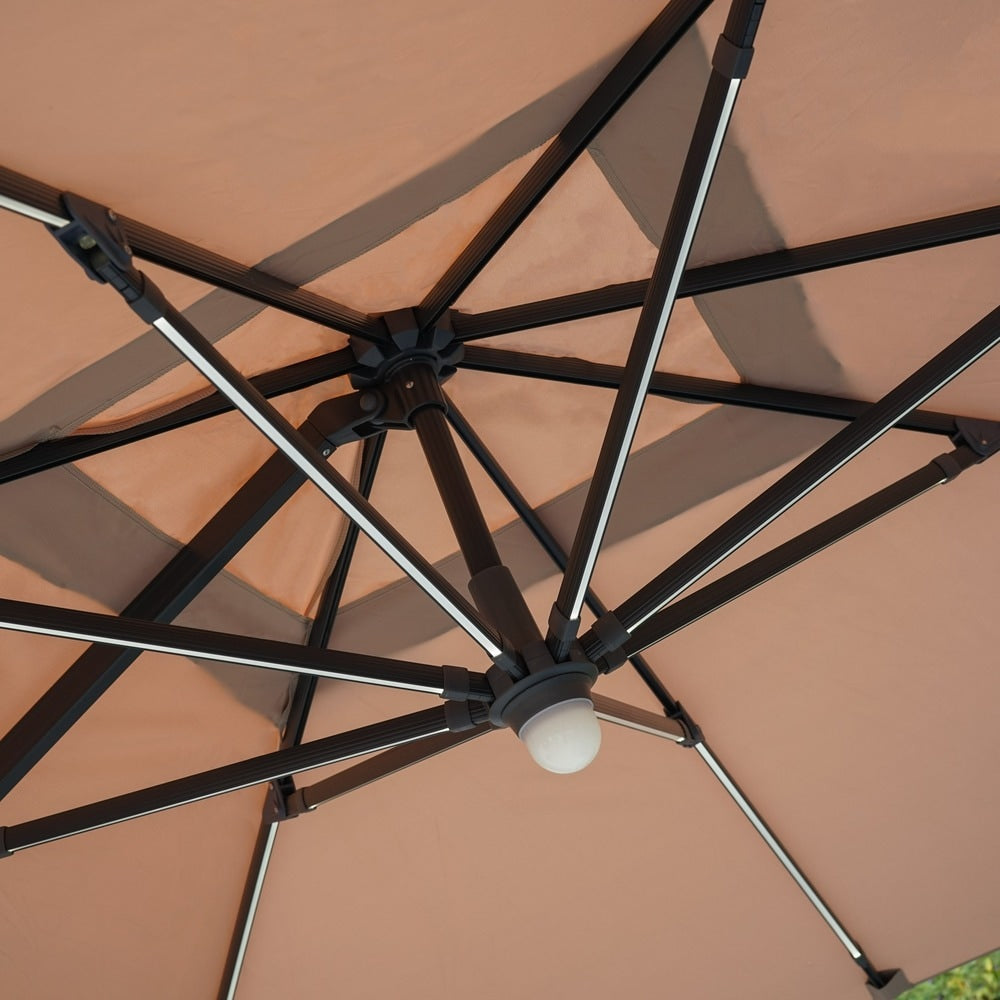 Delray Outdoor 9.7 ft. Canopy Umbrella with Base and Solar Light Strip by Christopher Knight Home