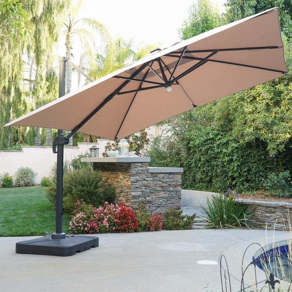 Delray Outdoor 9.7 ft. Canopy Umbrella with Base and Solar Light Strip by Christopher Knight Home