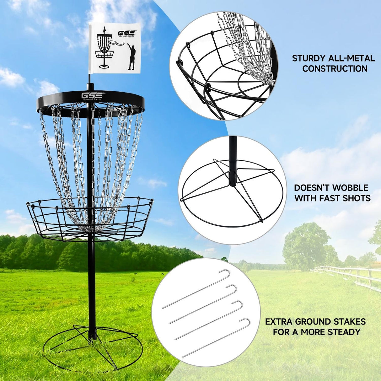 GSE™ Deluxe Portable 24-Chain Disc Golf Targets Basket, PRO Disc Golf Practice Goal Baskets