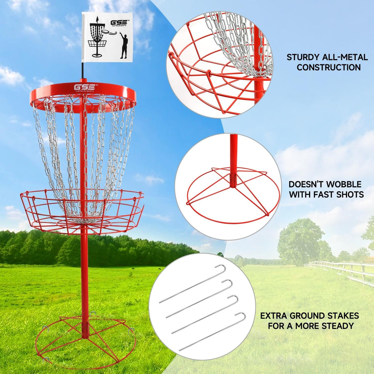 GSE™ Deluxe Portable 24-Chain Disc Golf Targets Basket, PRO Disc Golf Practice Goal Baskets