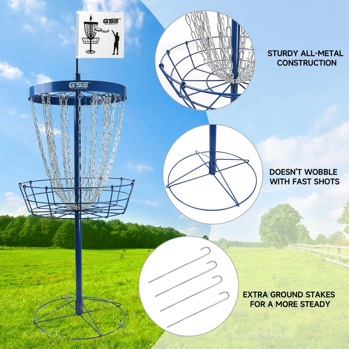 GSE™ Deluxe Portable 24-Chain Disc Golf Targets Basket, PRO Disc Golf Practice Goal Baskets