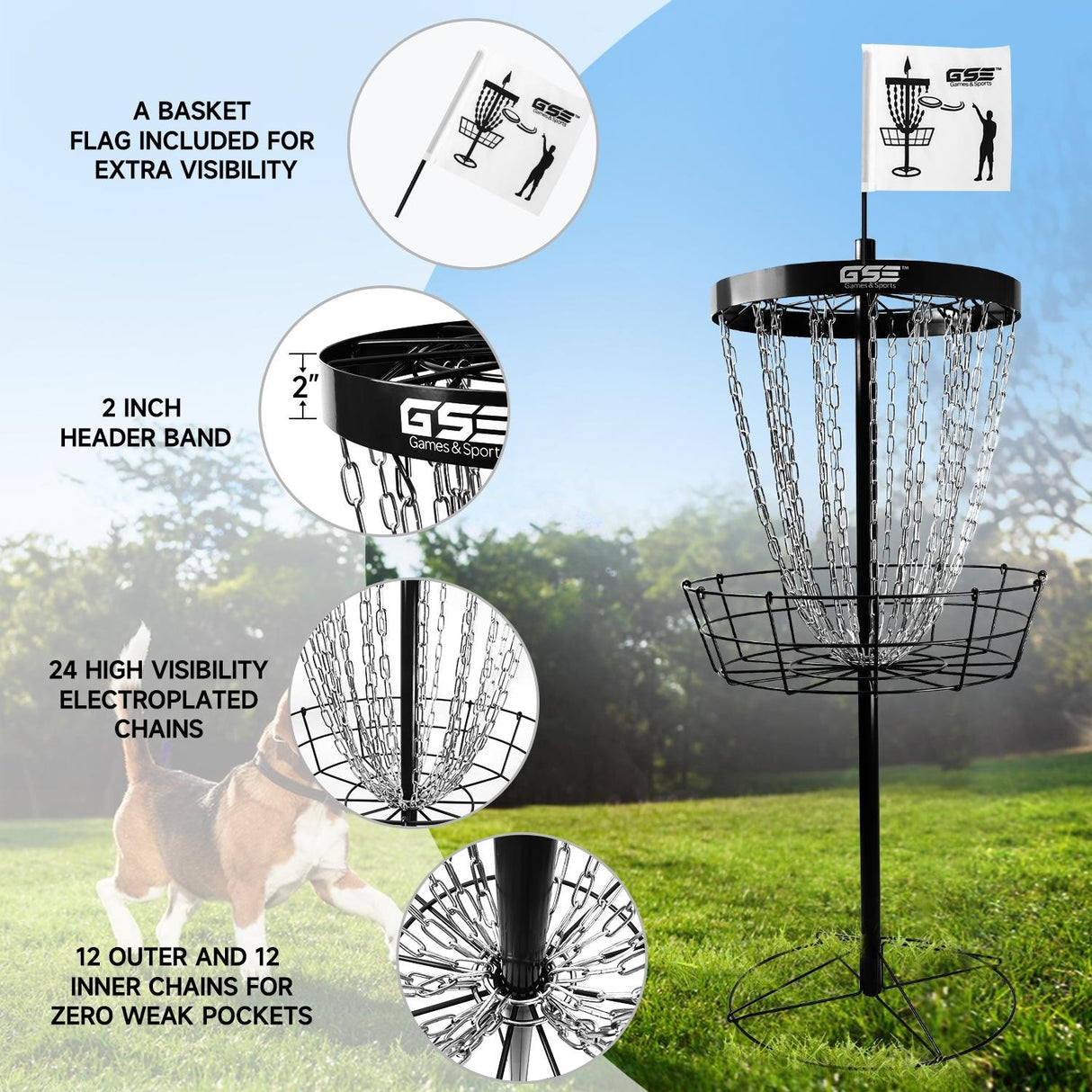 GSE™ Deluxe Portable 24-Chain Disc Golf Targets Basket, PRO Disc Golf Practice Goal Baskets