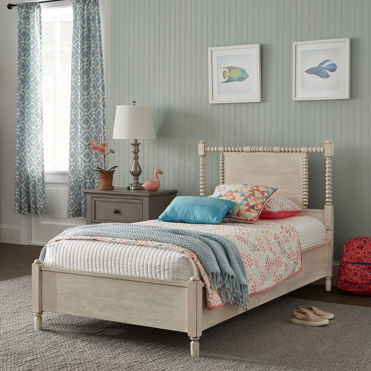 Demetria Antique Finish Beaded Wood Platform Twin Size Bed by iNSPIRE Q Classic