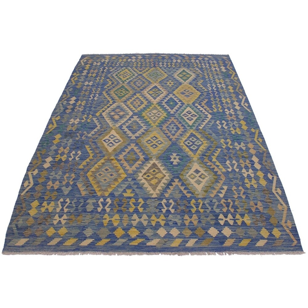 Demetric Blue/Gray Hand-Woven Kilim Wool Rug - 6'9 x 9'7 - 6'9" x 9'7"