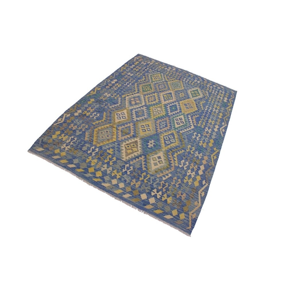 Demetric Blue/Gray Hand-Woven Kilim Wool Rug - 6'9 x 9'7 - 6'9" x 9'7"