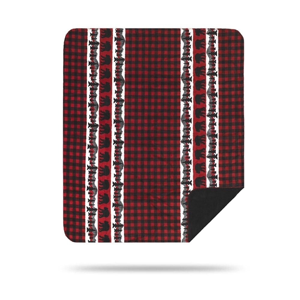 Denali Bear Plaid Border/Black Microplush Blanket