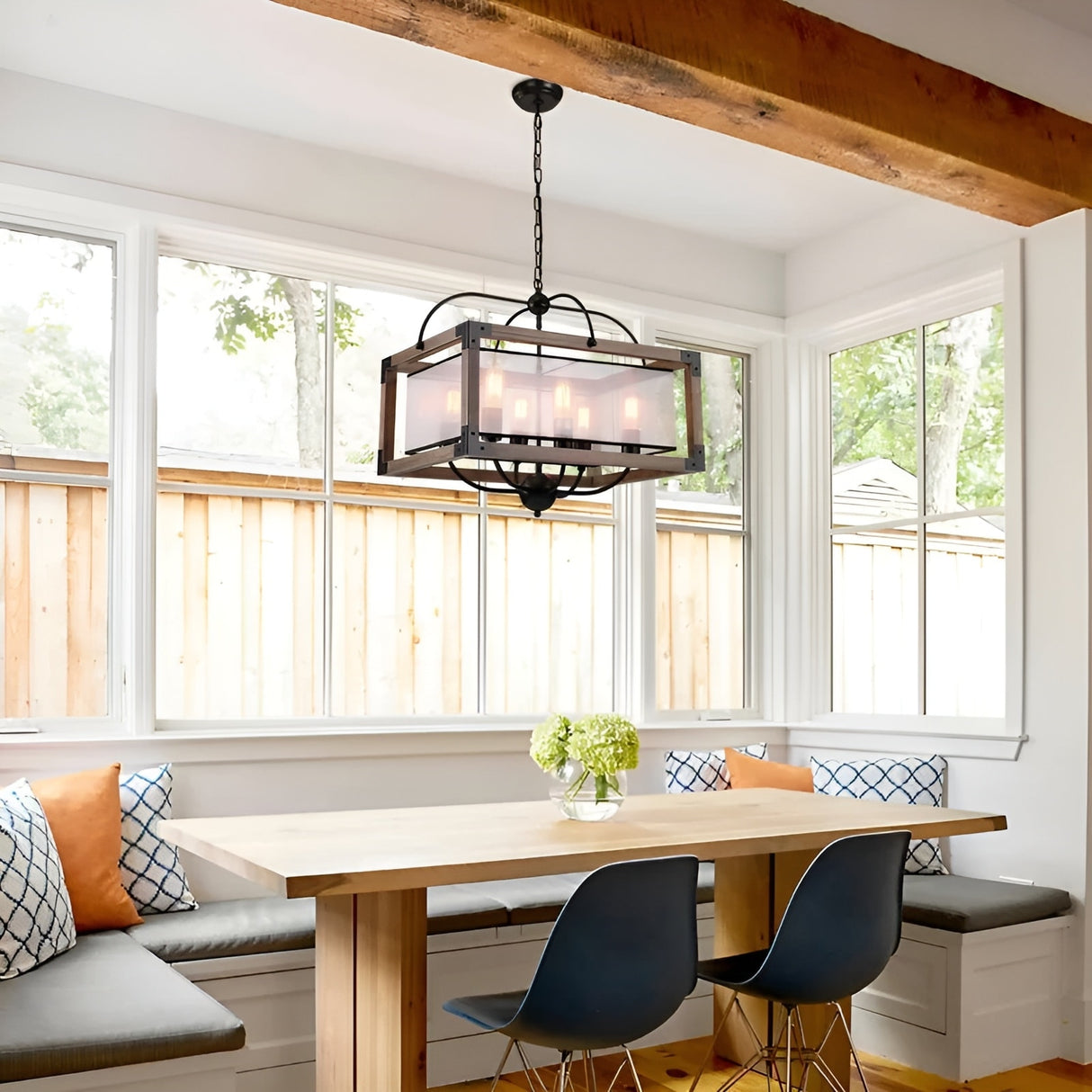6 - Light Lantern Round Texture Drum Shade Wood Metal Frame Island Pendant Lamp Rustic