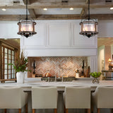 6 - Light Lantern Round Texture Drum Shade Wood Metal Frame Island Pendant Lamp Rustic