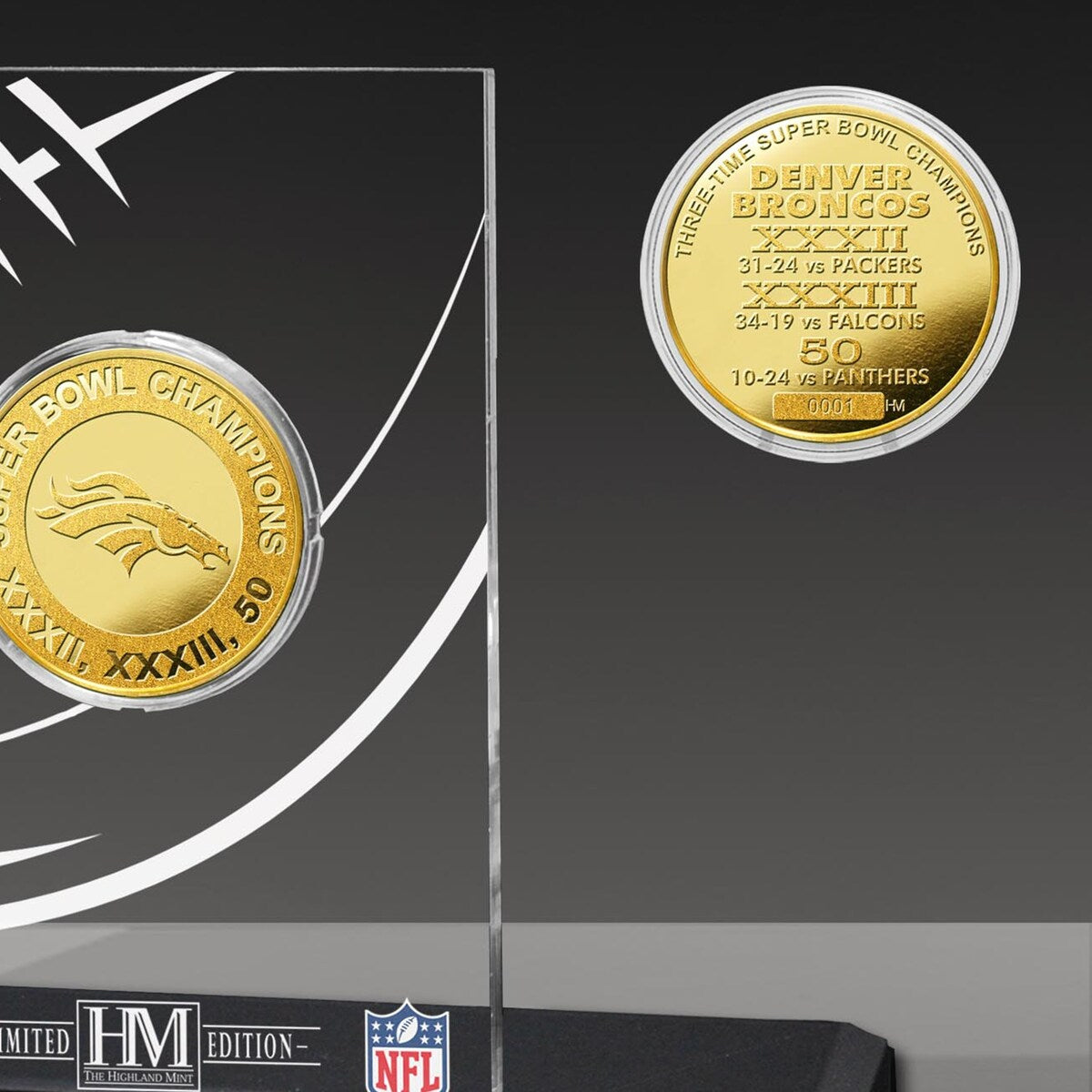 Denver Broncos 3x Super Bowl Champions Gold Coin with Acrylic Display