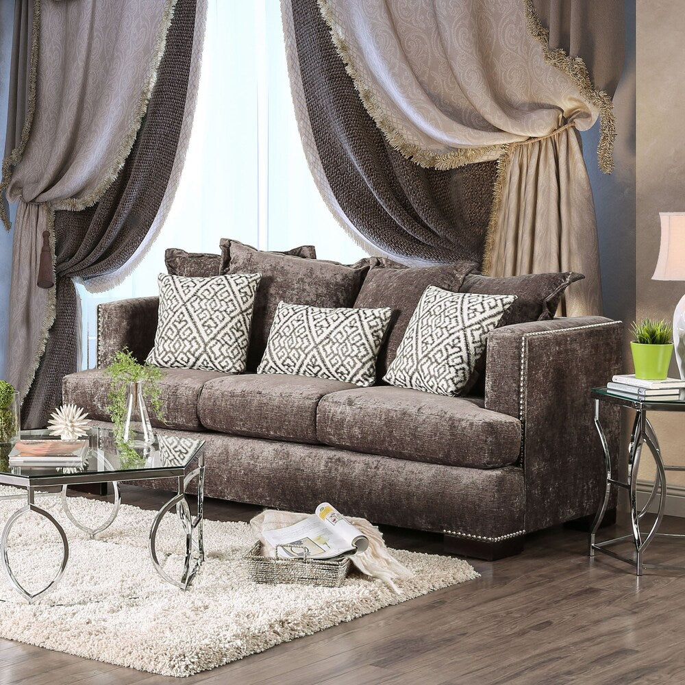 Deon Nailhead Chenille Fabric Silver Sofa by Furniture of America Overstock
