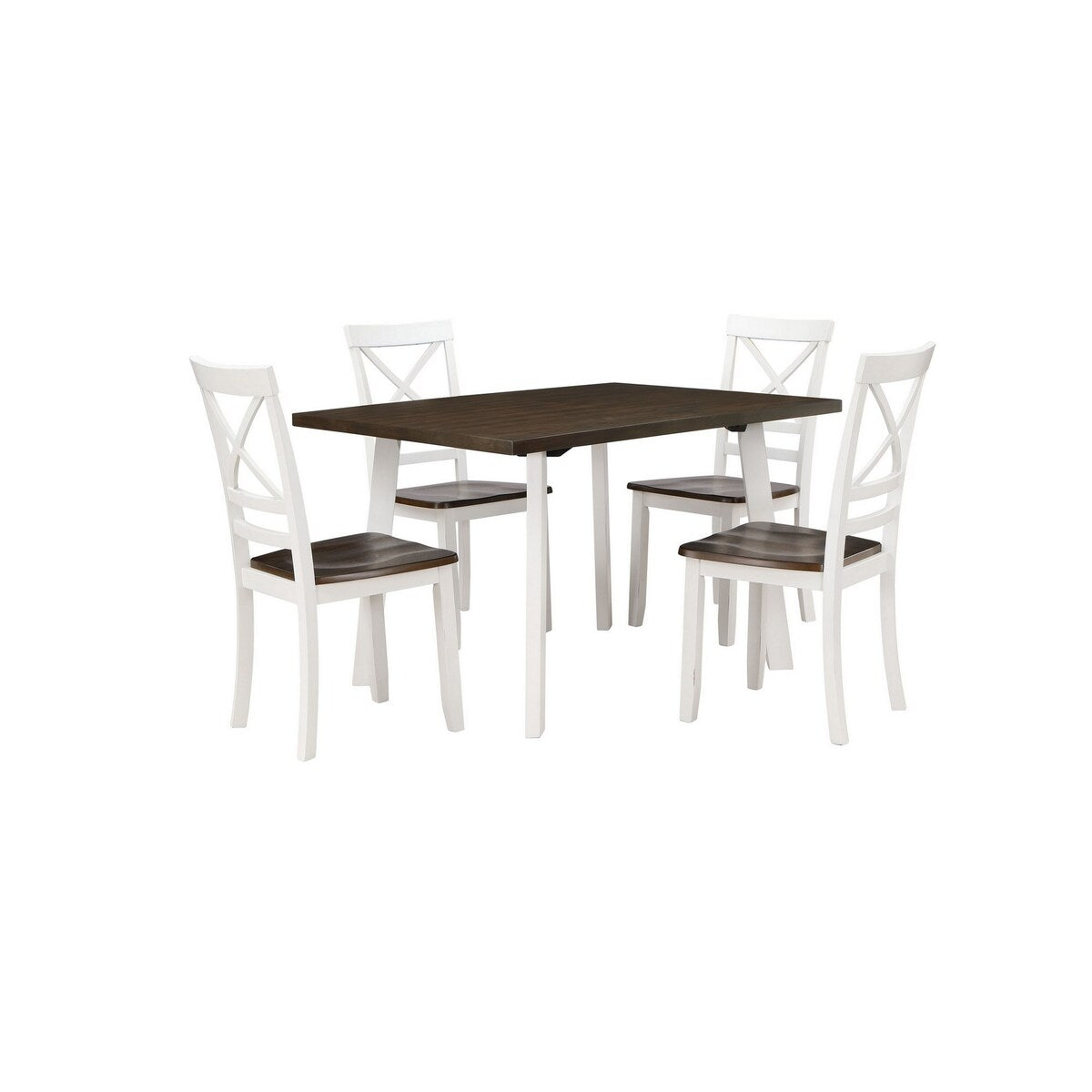 Dera 5 Piece Dining Table Set, 4 Crossback Rubberwood Chairs, Brown, White