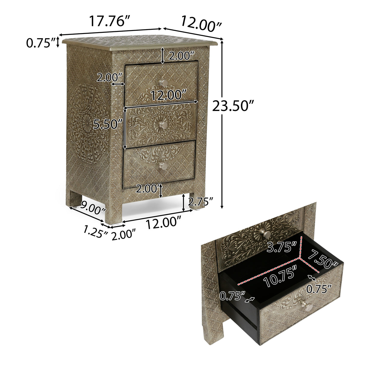 Deschutes Indoor Mango Wood and Iron Embossed Handcrafted 3 Drawer Nightstand by Christopher Knight Home