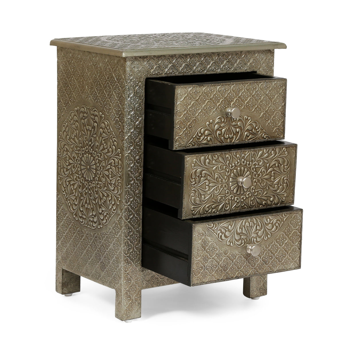 Deschutes Indoor Mango Wood and Iron Embossed Handcrafted 3 Drawer Nightstand by Christopher Knight Home