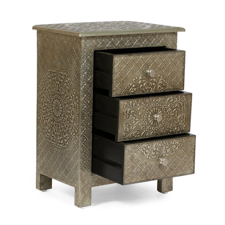 Deschutes Indoor Mango Wood and Iron Embossed Handcrafted 3 Drawer Nightstand by Christopher Knight Home