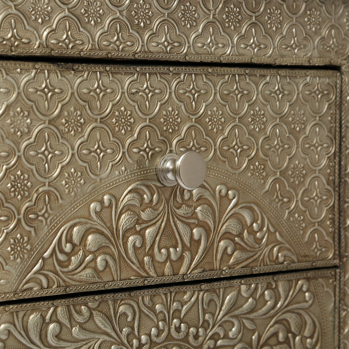 Deschutes Indoor Mango Wood and Iron Embossed Handcrafted 3 Drawer Nightstand by Christopher Knight Home