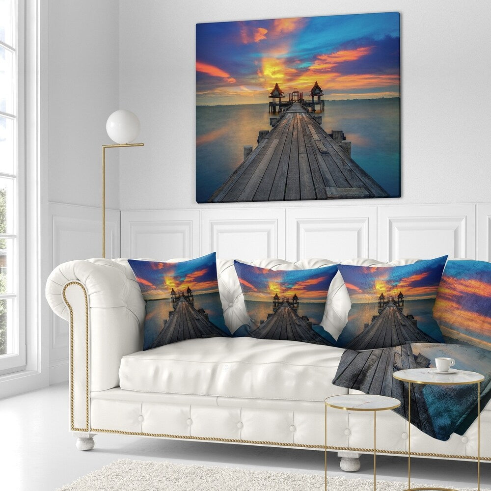 Designart 'Wide Wooden Bridge into Distant Sun' Pier Seascape Throw Blanket