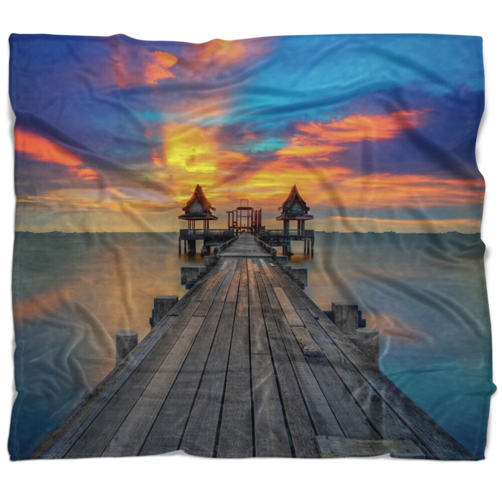 Designart 'Wide Wooden Bridge into Distant Sun' Pier Seascape Throw Blanket