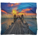 Designart 'Wide Wooden Bridge into Distant Sun' Pier Seascape Throw Blanket