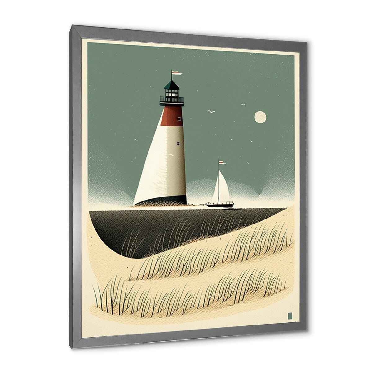 Designart " Light House Full Moon Vintage Beach Illustration" Beach Framed Canvas Prints