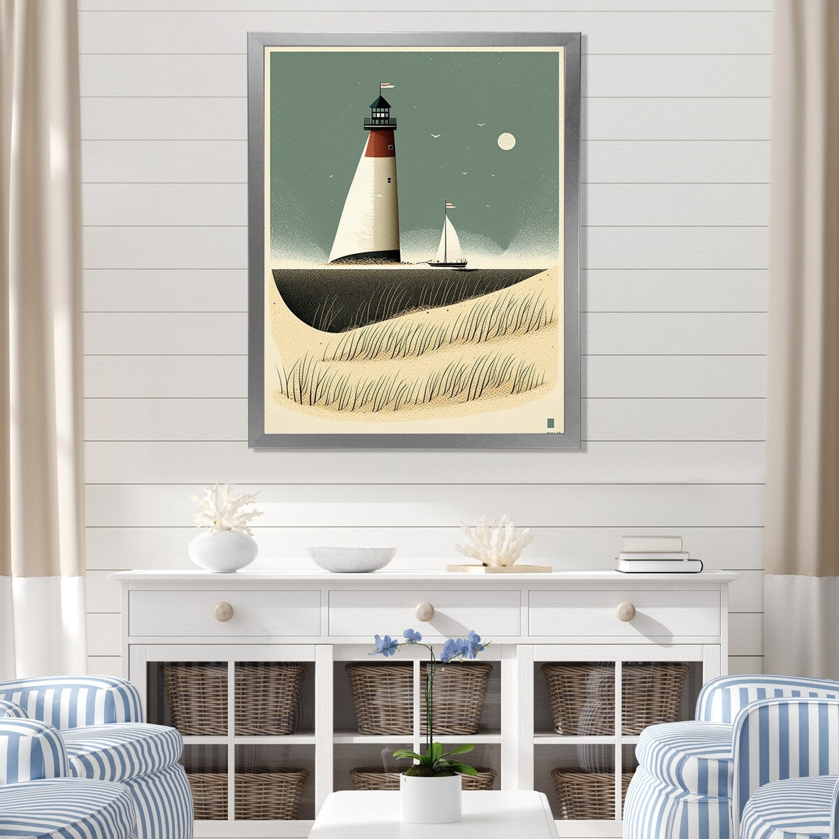 Designart " Light House Full Moon Vintage Beach Illustration" Beach Framed Canvas Prints