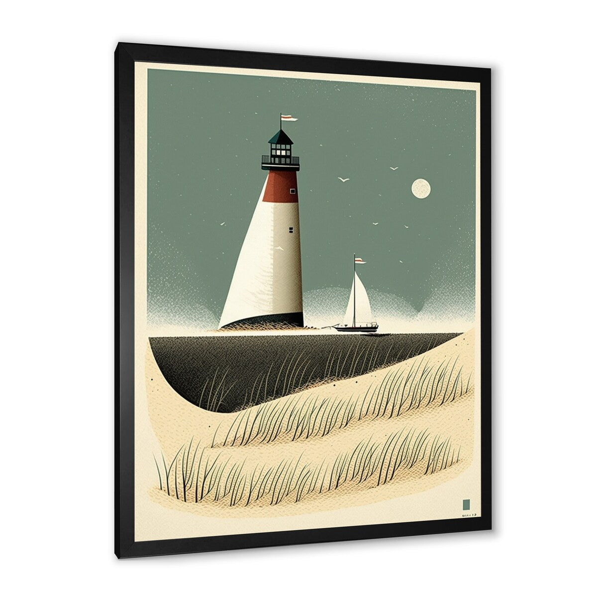 Designart " Light House Full Moon Vintage Beach Illustration" Beach Framed Canvas Prints